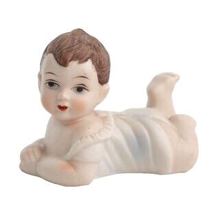 Vintage Piano Baby Brown Hair Blue Eyes Crawl Figurine Bisque Hand Painted 2.5''